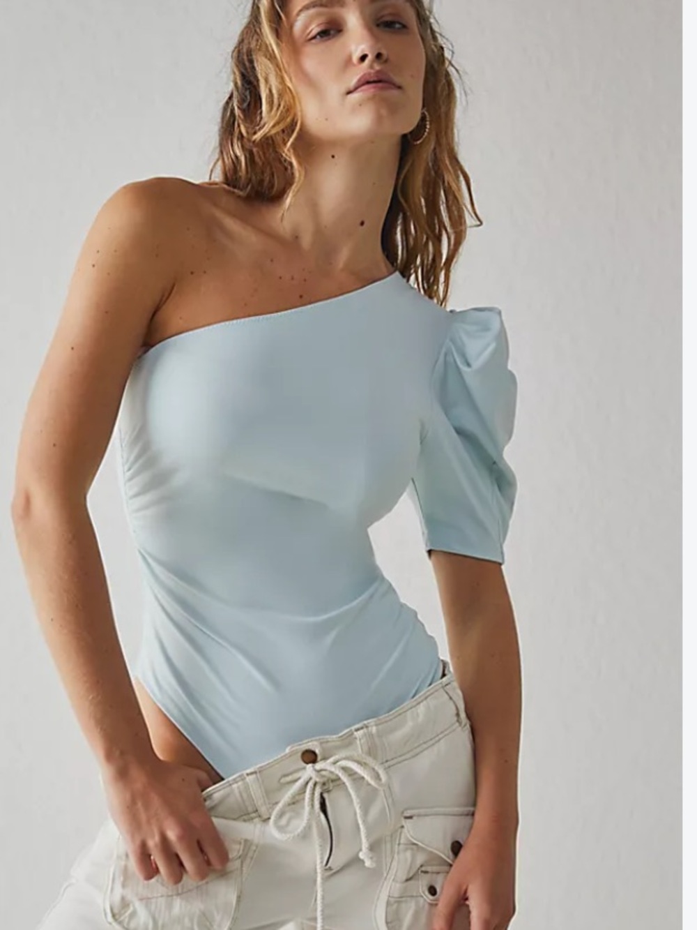Free People One-Shoulder Puff Sleeve Bodysuit - Light Blue